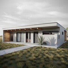 3d rendering design of a minimalist modern 1-story house facade with wooden accents