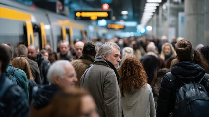 Fototapeta premium Crowded Subway Station with Passengers Waiting for Train in an Urban Transportation Hub
