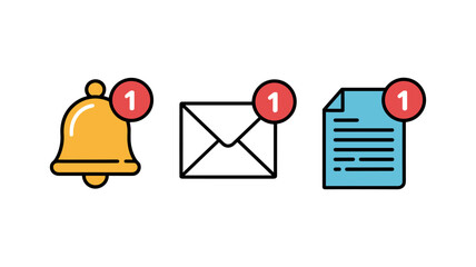 Alerting Notification: A trio of digital icons – a bell, a mail envelope, and a document – signals new alerts, updates, and communications in this minimalist digital illustration.