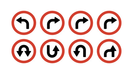 Road Sign Direction Icons: An array of red circular road signs, each bearing a crisp black arrow, precisely indicating various directional turns for safe navigation on the road.