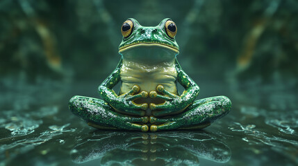 Green frog doing yoga pose, mindfullness concept, new year's resolution. Generative ai