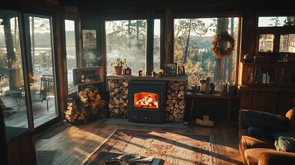 Cozy cabin interior with a crackling fireplace and forest views.