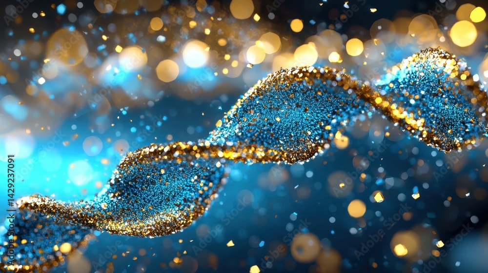 Poster glittering blue and gold particles twist and dance in a luminous background, creating an enchanting 