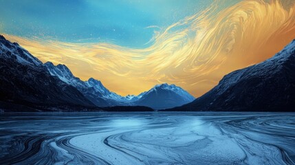 Vibrant colors fill the sky as the sun sets behind majestic snow-capped mountains. The lake's surface mirrors the kaleidoscope of orange and blue hues, creating a serene atmosphere
