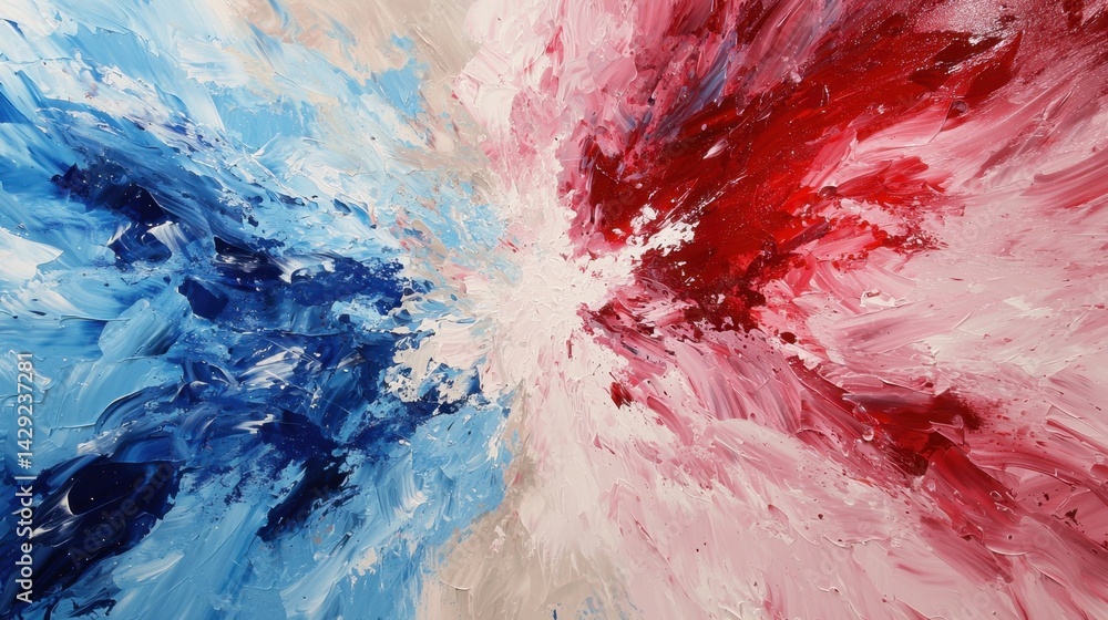 Poster an abstract artwork captivates with bold blue and red hues blending into soft pinks, creating a dyna