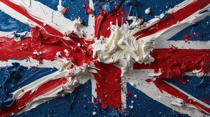 Bold red, white, and blue paint creates an energetic interpretation of the United Kingdom flag, showcasing dynamic textures and a creative artistic expression