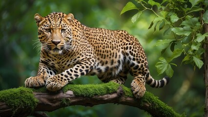 Leopard Walking Down Tree in Jungle Wildlife Scene