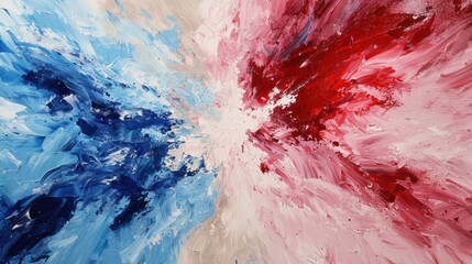 An abstract artwork captivates with bold blue and red hues blending into soft pinks, creating a dynamic visual impact in a contemporary art gallery setting