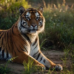 Obraz premium Majestic Bengal Tiger Resting in Lush Greenery, Eye Contact, Natural Habitat