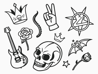 Obraz premium Edgy Tattoo Collection Featuring Skulls, Guitars, and Symbols – Perfect for Rock Themes.
