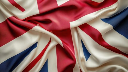 A close-up view of a Union Jack flag, featuring rich red, white, and blue colors. The fabric has soft folds, adding depth and texture, highlighting the iconic design