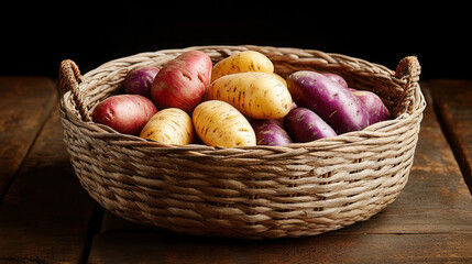 Obraz premium Unique heirloom potatoes arranged in a wicker basket with natural soft lighting