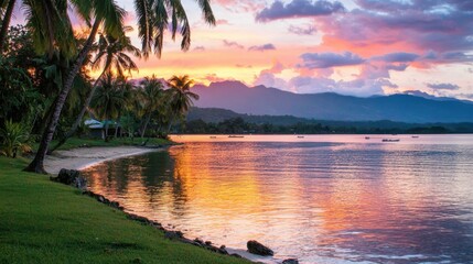 Colorful sunset casts vibrant hues over a serene bay. Lush palm trees line the shore while soft waves gently lap against the sandy beach