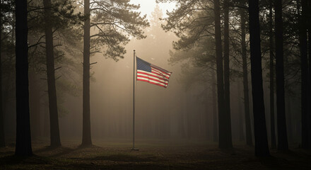 American Flag Waving in Misty Forest at Sunrise Patriotism Nature