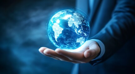 Professional Businessman Pointing at Digital World Map on Screen with Virtual Global Network Concept in Dark Blue Background.Generative AI