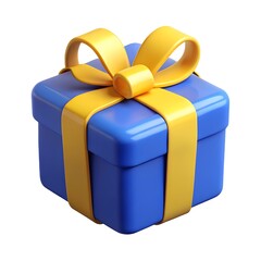 3D Render Blue Box Isolated on White, Wrapped in Gold Ribbon and Bow, Clean Look