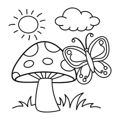 Cartoon Outdoor Scene with Mushroom, Butterfly, Sun, and Cloud Illustrations