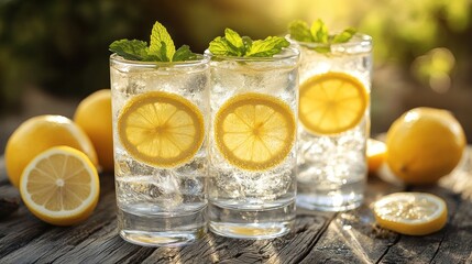 Refreshing lemonade with mint on wood. Bright, sunny day