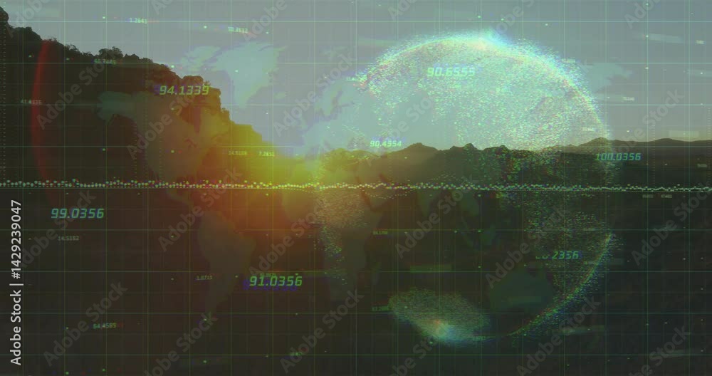 Poster merging tranquil lake sunset reflection with floating 3d dotted globe and grid data waveform
