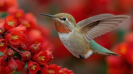 Obraz premium Tiny hummingbird in flight near vibrant red flowers