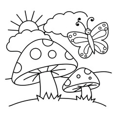 Cartoon Outdoor Scene with Mushroom, Butterfly, Sun, and Cloud Illustrations