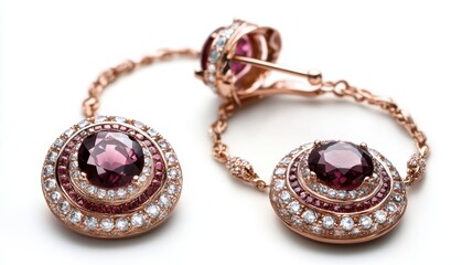 Retro-inspired rose gold jewelry set with vintage-style rubies and diamond accents on earrings, necklace, and ring, isolate on white background