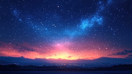 Obraz premium Starry Night Over City Lights: A Celestial Symphony of Color and