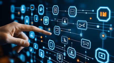 Fototapeta premium Digital Business and Technology Concept with Hand Touching Interactive Screen Displaying Marketing and Sales Data Icons.Generative AI