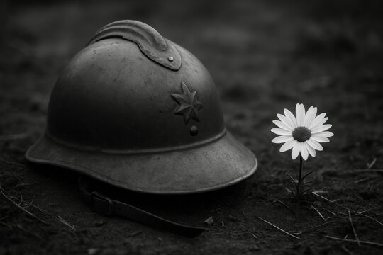 Casque militaire ancien sur la terre avec une marguerite, symbole de m&eacute;moire et de paix &ndash; s&eacute;rie en noir et blanc &eacute;voquant la comm&eacute;moration des soldats tomb&eacute;s