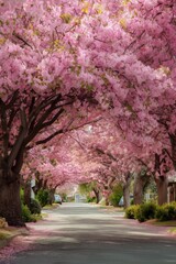 Naklejka premium Street with Blooming Trees and Pink Blossoms in Springtime