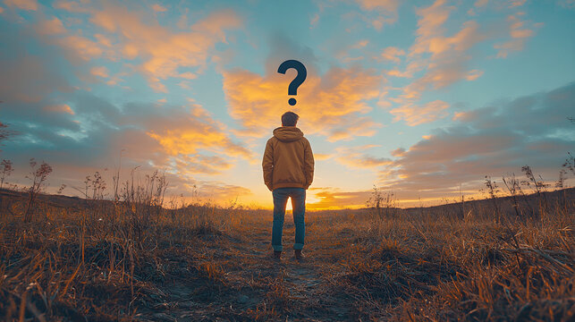 Question mark in twilight sky facing a person, symbolizing decision-making journey - Powered by Adobe