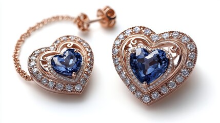 Timeless vintage rose gold jewelry set with heart-shaped sapphires and diamond accents on earrings, necklace, and matching ring, isolate on white background