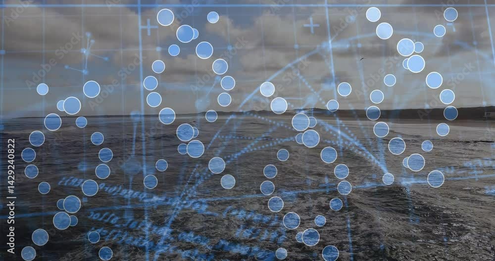 Poster digital data visualization overlay floating over ocean surface, showing blue circles and grid lines