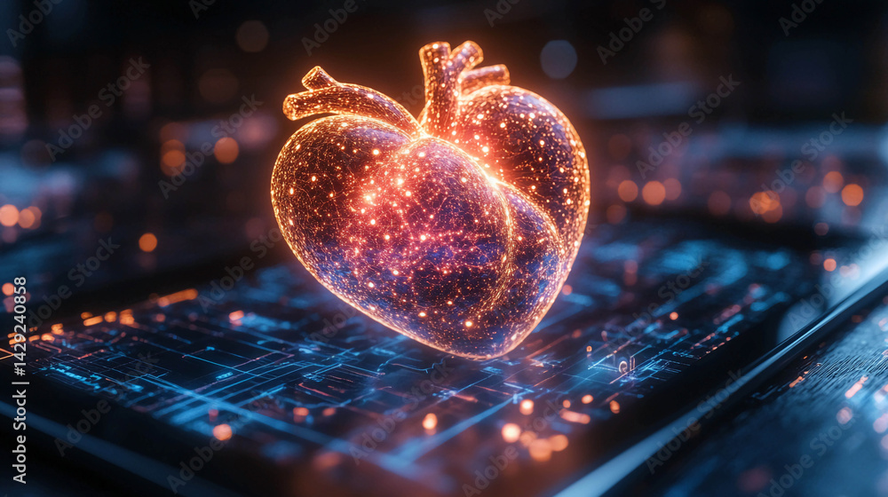 Aufkleber a digital heart hovering above a chip or circuit board. the heart consists of a multitude of connect
