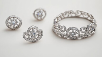 Antique-inspired platinum jewelry set with delicate scroll designs and brilliant diamonds on earrings, necklace, and matching ring, isolate on white background