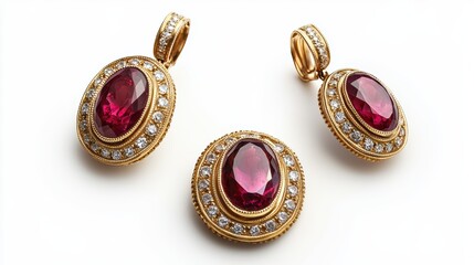 Classic vintage gold jewelry set with oval rubies and diamond-studded borders on earrings, necklace, and ring, isolate on white background