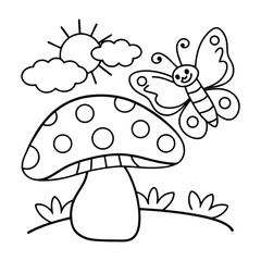 Cartoon Outdoor Scene with Mushroom, Butterfly, Sun, and Cloud Illustrations