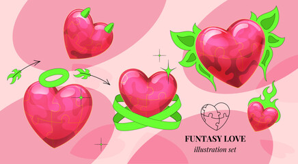 Collection of bright flaming and summer hearts with puzzle elements. Bright vector illustration