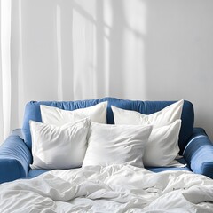 Serene Blue Sofa with White Pillows and Bedding in Sunlit Room
