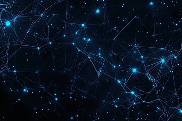 Complex network of interconnected nodes and lines in deep space.  Intricate digital design with glowing points and lines, creating a sense of technology, connectivity, and complexity