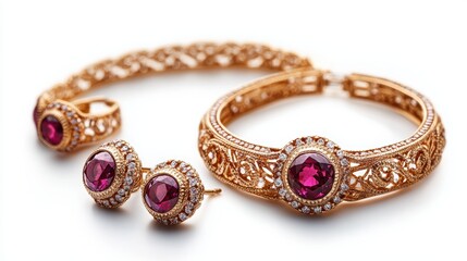 Naklejka premium Timeless vintage gold jewelry set with round rubies and intricate lace designs on earrings, necklace, and ring, isolate on white background