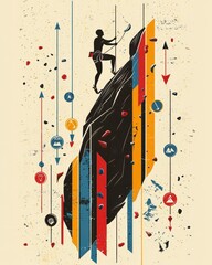 Stylized rock climber ascending angular rock face with bold red, orange, and blue stripes, surrounded by arrows and icons, texture