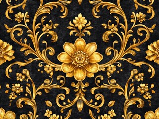 Exquisite Golden Floral Ornament on Dark Backdrop: A Seamless Pattern of Luxury and Elegance, Perfect for High-End Decor and Design Applications with a Baroque Flair