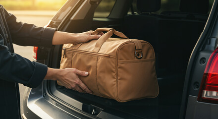 Person placing a bag into a car trunk during sunset