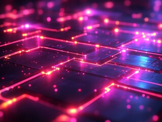 Naklejka premium Futuristic Pink Data Flow: Abstract Digital Network with Glowing Connections and Geometric Patterns Representing Technology and Connectivity