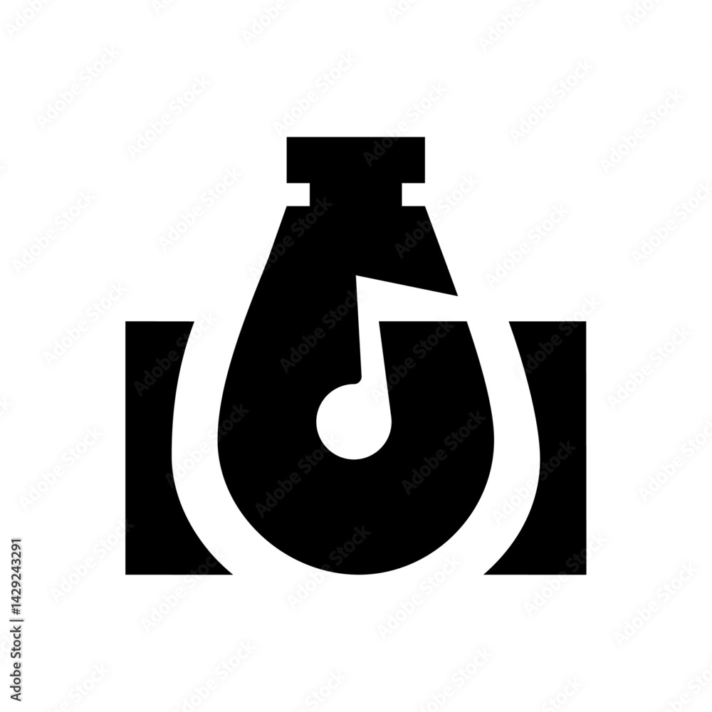Poster illustration of a music note inside a flask with a square background in black and white simple desig