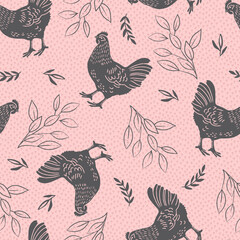 Spring Hens and Leaves Monochrome Vector Seamless Pattern