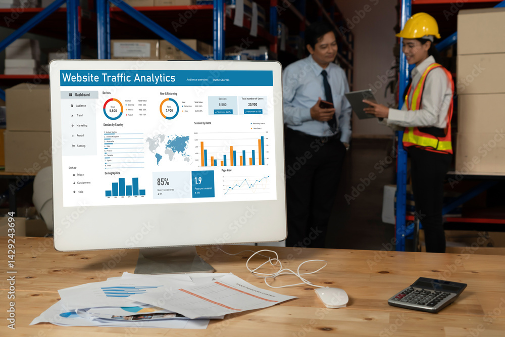 Poster computer software for website traffic analytics data on computer screen. concept of seo search engin