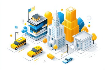 Fototapeta premium Urban Cityscape with Buildings, Cars, and Colorful Elements