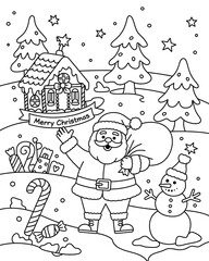 Fototapeta premium Santa Claus and Snowman in Festive Christmas Winter Scene Coloring Page for Kids
